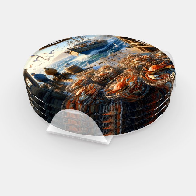 Twilight Harvest Fishermen Collecting Crabs Coaster Set (Set)
