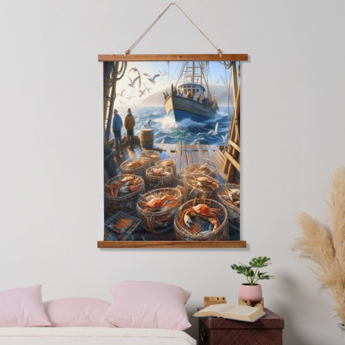 Twilight Harvest Fishermen Collecting Crabs Hanging Tapestry