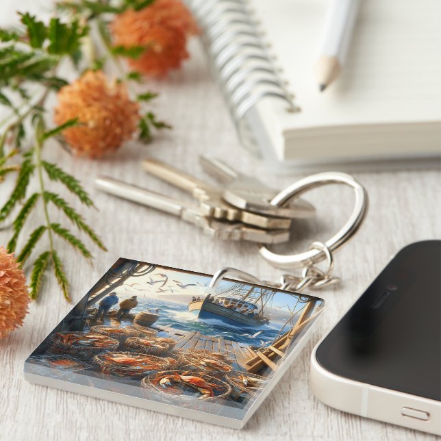 Twilight Harvest Fishermen Collecting Crabs Keychain (Front Right)