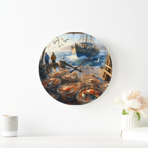 Twilight Harvest Fishermen Collecting Crabs Large Clock
