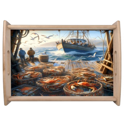 Twilight Harvest Fishermen Collecting Crabs Serving Tray