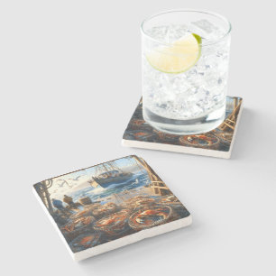 Twilight Harvest Fishermen Collecting Crabs Stone Coaster