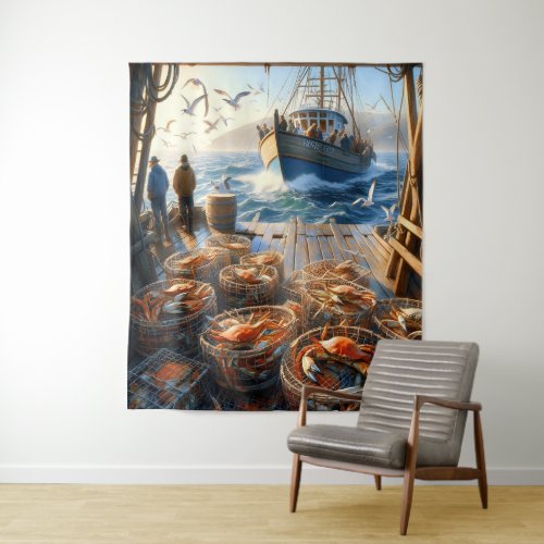 Twilight Harvest Fishermen Collecting Crabs Tapestry