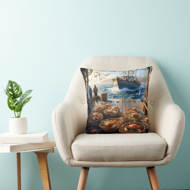 Twilight Harvest Fishermen Collecting Crabs Throw Pillow (Chair)