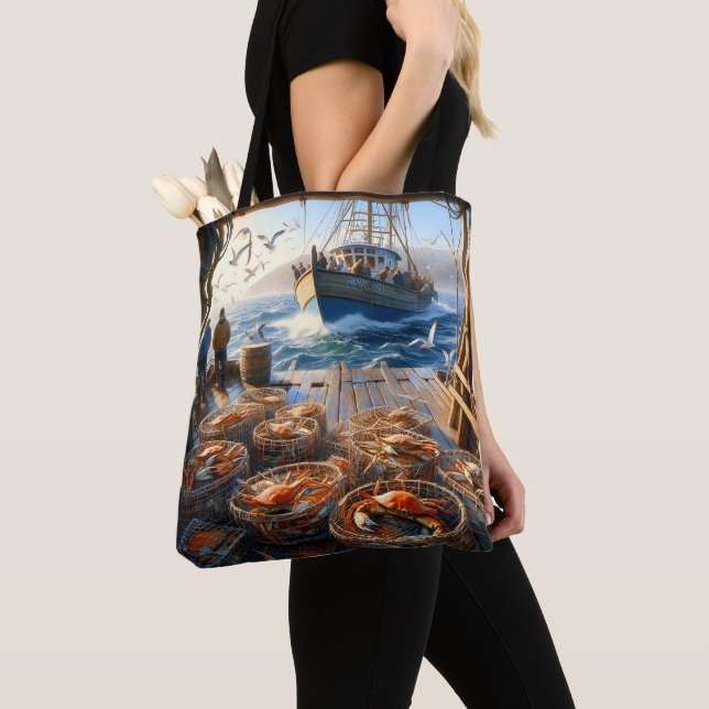 Twilight Harvest Fishermen Collecting Crabs Tote Bag (Close Up)