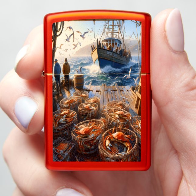 Twilight Harvest Fishermen Collecting Crabs Zippo Lighter (In Hand)