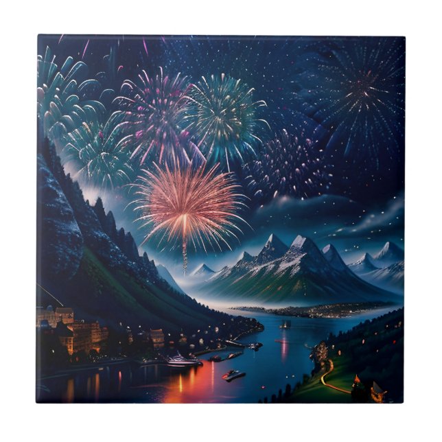Twilight Mountain with Fireworks Ceramic Tile (Front)