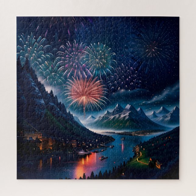Twilight Mountain with Fireworks Jigsaw Puzzle (Vertical)