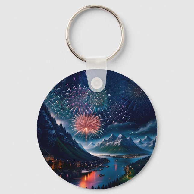 Twilight Mountain with Fireworks Keychain (Front)