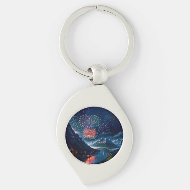 Twilight Mountain with Fireworks Keychain (Front)
