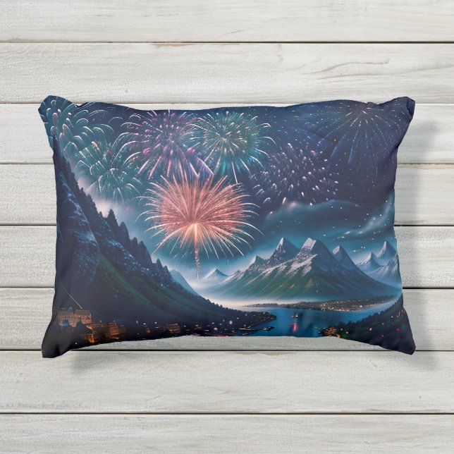 Twilight Mountain with Fireworks Outdoor Pillow (Front)
