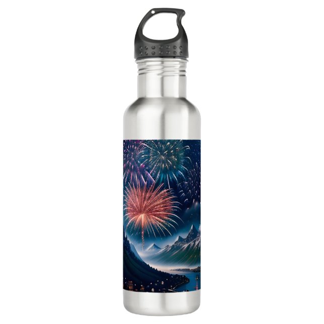 Twilight Mountain with Fireworks Stainless Steel Water Bottle (Front)