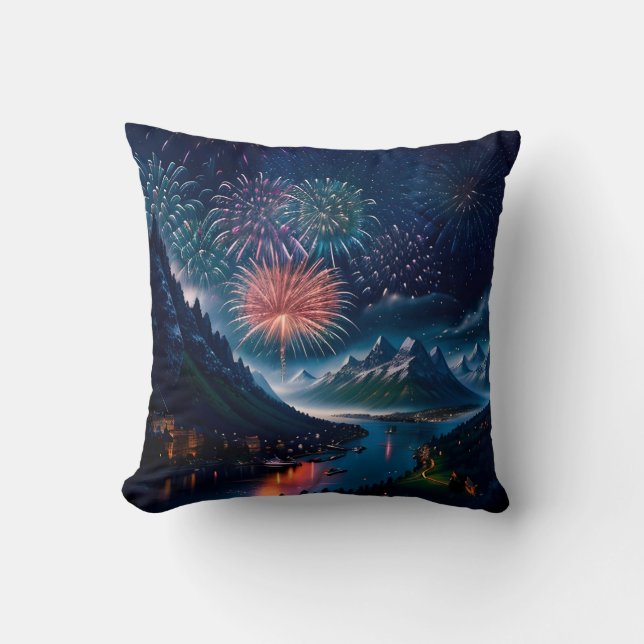 Twilight Mountain with Fireworks Throw Pillow (Front)