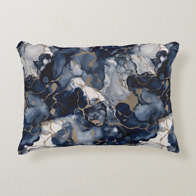 Twilight Navy Blue and Grey with Antique Gold Accent Pillow (Front)