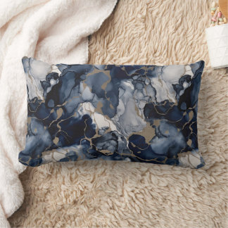 Twilight Navy Blue and Grey with Antique Gold Lumbar Pillow