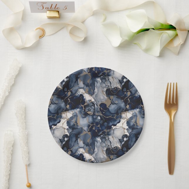 Twilight Navy Blue and Grey with Antique Gold Paper Plates (Wedding)