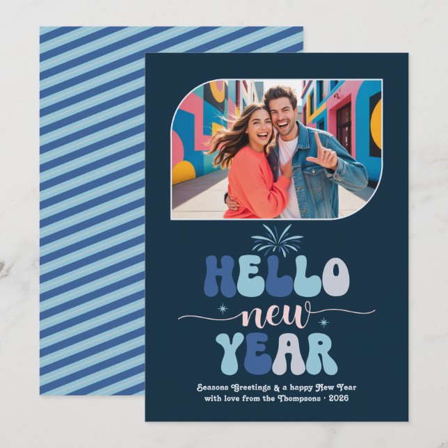 Twilight Ocean Hello New Year Blue Retro Photo Holiday Card (Front/Back)
