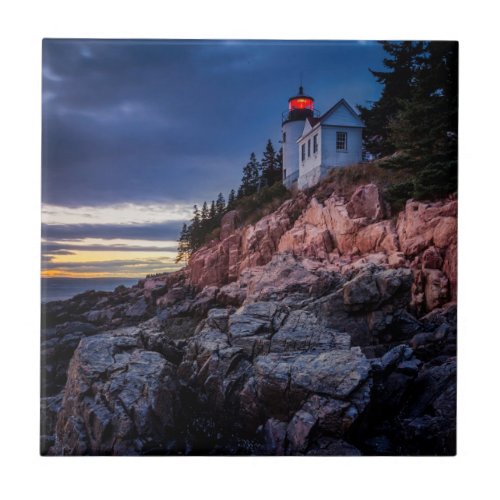 Twilight Over Bass Harbor Lighthouse Acadia Tile