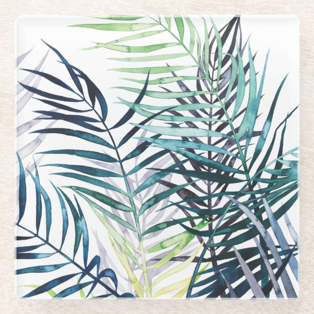 Twilight Palms - Tropical Leaves Glass Coaster (Front)