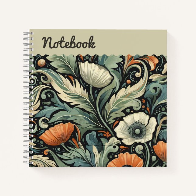  Twilight Poppies – Teal Botanicals & Acanthus Notebook (Front)
