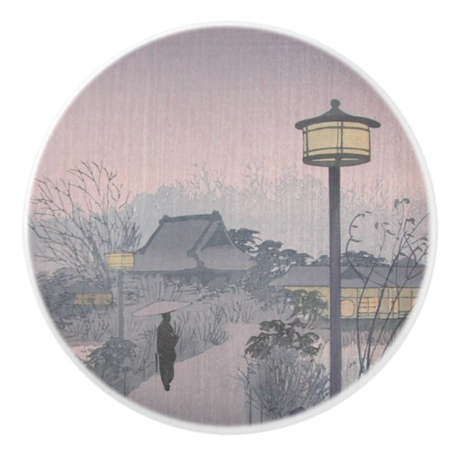 Twilight Rain on Path to Shinobazu in Japan Ceramic Knob (Front)