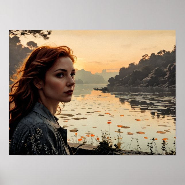 Twilight Reflections – Woman by the Lake Romantic Poster (Front)