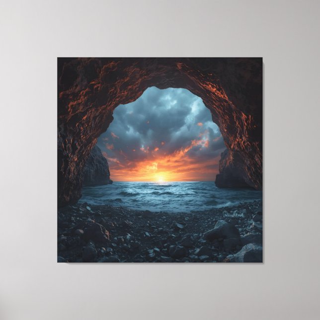 Twilight Refuge – Ocean Horizon Through Stone Canvas Print (Front)