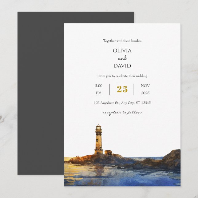 Twilight Rocky Lighthouse Watercolor Beach Wedding Invitation (Front/Back)