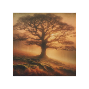 Twilight Roots Beneath the Fogbound Oak Tree Wood Wall Art