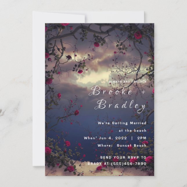 Twilight Rose Sky Beach Wedding Invitation (Front)