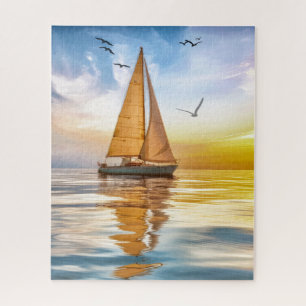 Twilight Sailboat and Seagulls Nautical Jigsaw Puzzle