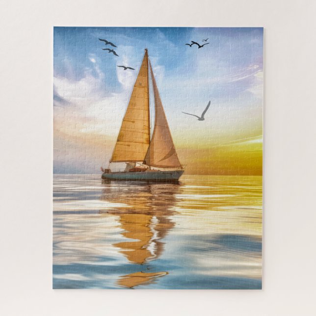 Twilight Sailboat and Seagulls Nautical Jigsaw Puzzle (Vertical)