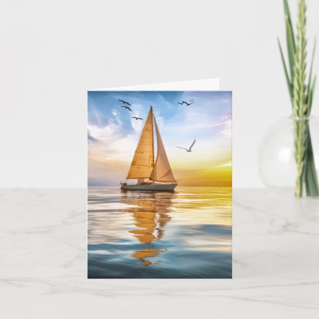 Twilight Sailboat and Seagulls Nautical Note Card (Front)