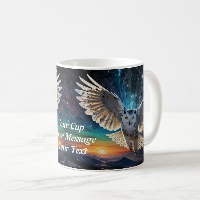 Twilight Sentinel: Owl in Flight at Sunset Coffee Mug (Front Right)
