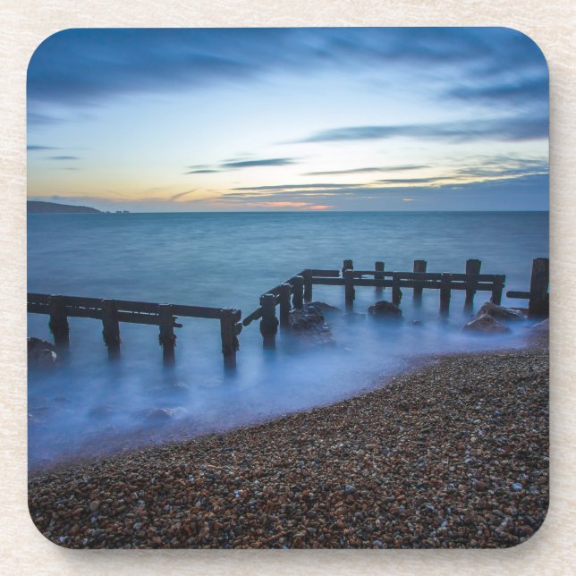 Twilight Sky Over Shoreline and Breakwaters Beverage Coaster (Front)