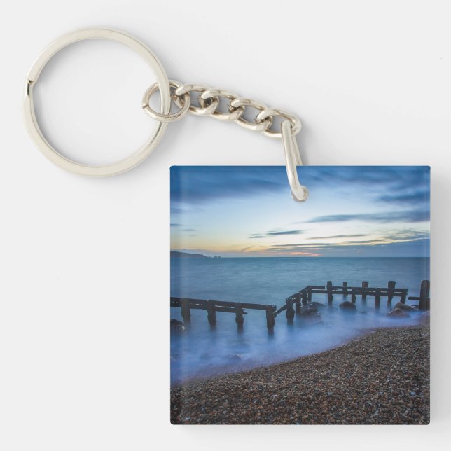 Twilight Sky Over Shoreline and Breakwaters Keychain (Front)