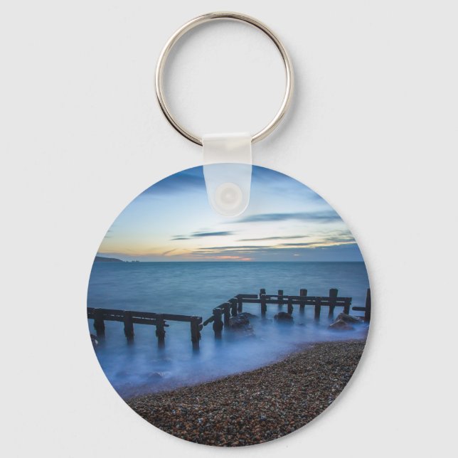 Twilight Sky Over Shoreline and Breakwaters Keychain (Front)