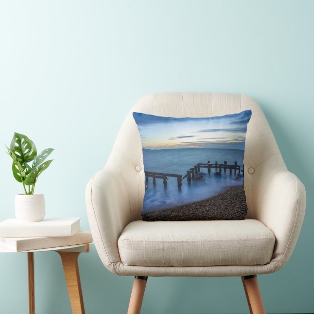 Twilight Sky Over Shoreline and Breakwaters Throw Pillow (Chair)