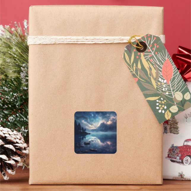 Twilight Starry Lake Mirror Celestial Symphony Square Sticker (Holiday)