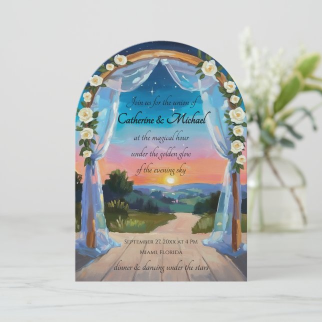 Twilight Sunset Wedding Arch Tropical Beach Summer Save The Date (Standing Front)