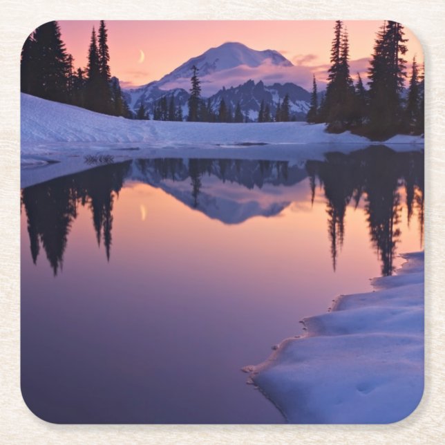 Twilight, Tarn and Crescent Moon Square Paper Coaster (Front)