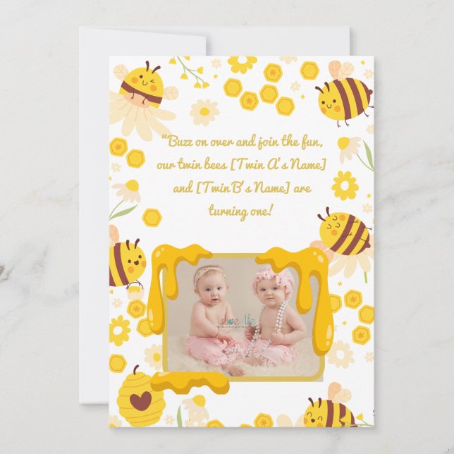 Twin 1st Birthday Party Invitation Bumble Bee  (Front)