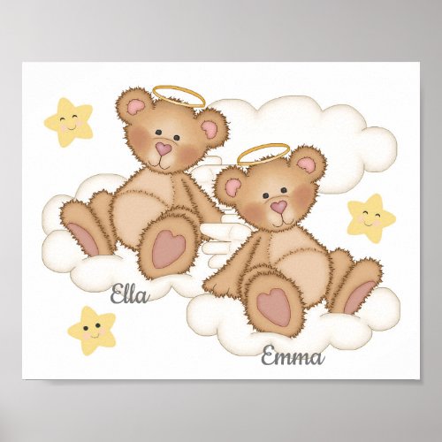 Twin Angel Bear Baby Girl Nursery Star Cloud Art Poster