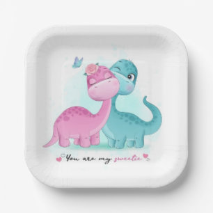 Twin Aqua and Pink Dinosaur   Paper Plates