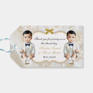 Twin Asian Baby Boys Baptism Communion Gold White Gift Tags