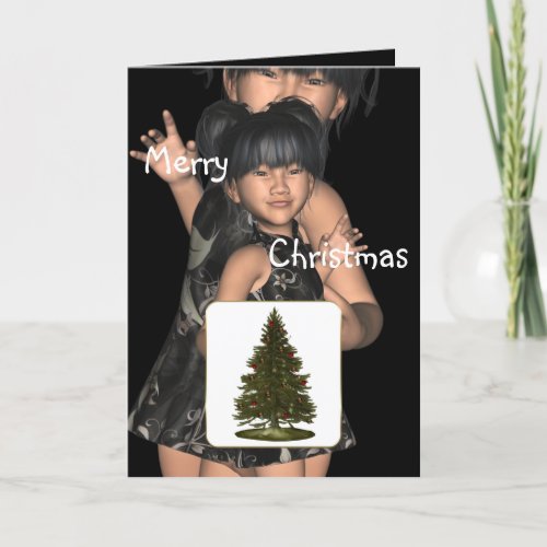 Twin Asian Girls Fun Merry Christmas Card