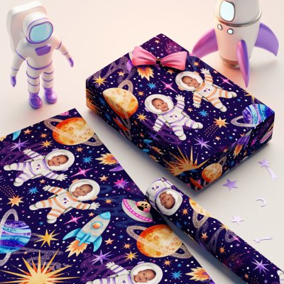 Twin Astronauts in Outer Space Photo Wrapping Paper