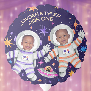 Twin Astronauts in Outer Space with Stars  Balloon