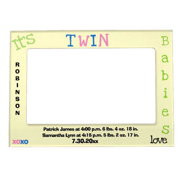 Twin Babies Birth Stats Pink Blue Green Yellow Magnetic Frame (Front)