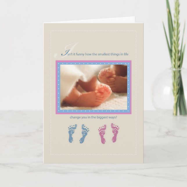 Twin Babies, Boy and Girl Feet Customizable Name Card (Front)